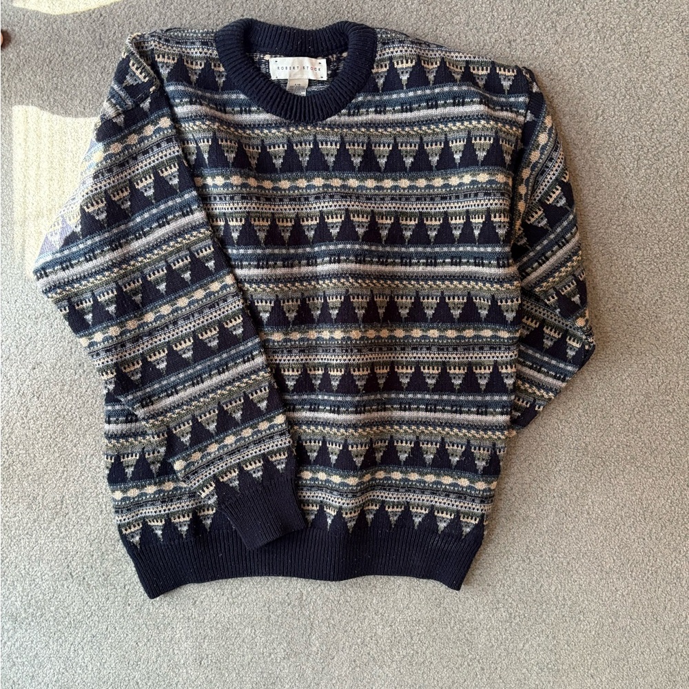 Vintage Blue and Cream Crewneck Sweater with Fair Isle Design